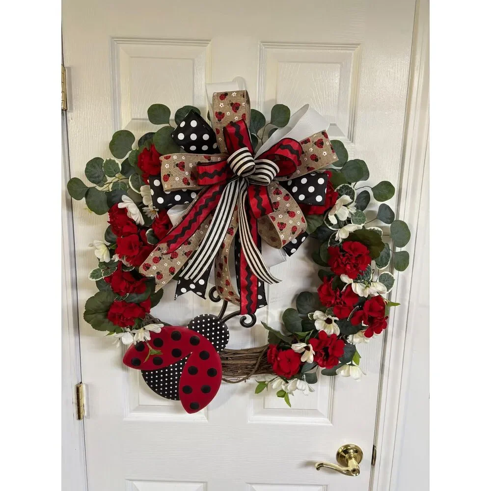 Ladybug Grapevine Wreath with Wired Ribbon Bow